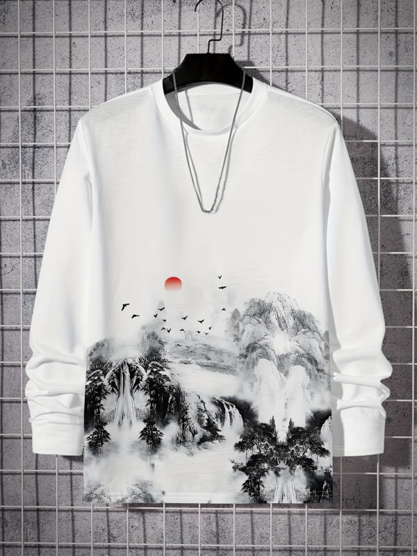 Hosszú ujjú, bő, tinta mintás, hegyi mintás, naplementés mintás férfi őszi ruházat, divatos, nemzeti stílusú, hétköznapi dzseki - H291