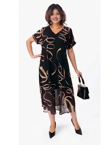 Νέο, κομψό, διασυνοριακό φόρεμα με τυπωμένο ντεκολτέ V για γυναίκες, σε μέγεθος Plus Size, με κομψή φούστα μεσαίου μήκους για μετακινήσεις.