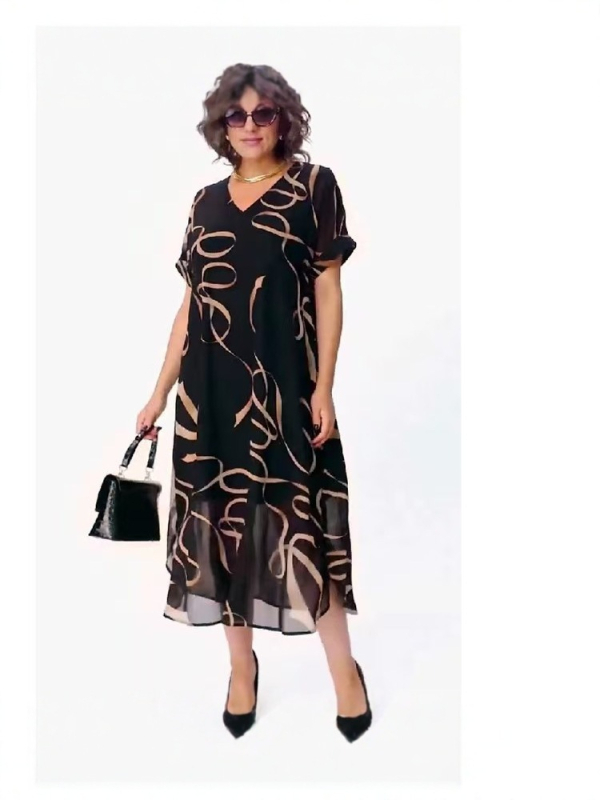 2025. aasta Euroopa ja Ameerika moodne uus piiriülene elegantne trükitud V-kaelusega kleit, pluss-suuruses naiste elegantne pendelrännakuga keskmise pikkusega seelik