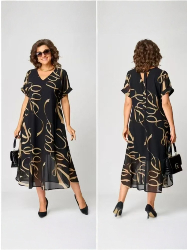 2025. aasta Euroopa ja Ameerika moodne uus piiriülene elegantne trükitud V-kaelusega kleit, pluss-suuruses naiste elegantne pendelrännakuga keskmise pikkusega seelik