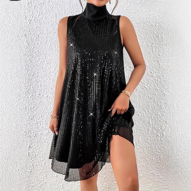 Rochie scurtă elegantă cu guler înalt, fără mâneci, cu paiete, de mărime mare, la modă europeană și americană transfrontalieră Amazon