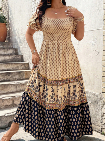 Euroopa ja Ameerika piiriülene Amazoni positsioneerimise trükitud boheemlaslik lühikeste varrukatega Temu pluss-suuruses kleit