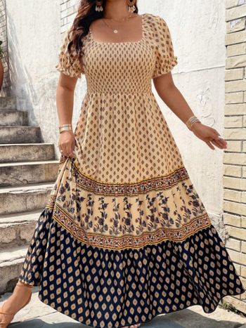 Европейска и американска трансгранична рокля с къс ръкав и прегръщащ щампован принт от Amazon, рокля Temu с големи размери