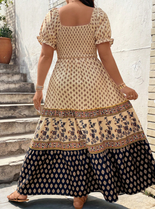 Euroopa ja Ameerika piiriülene Amazoni positsioneerimise trükitud boheemlaslik lühikeste varrukatega Temu pluss-suuruses kleit