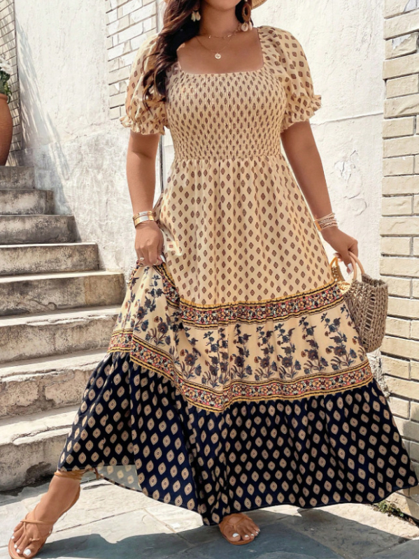 Euroopa ja Ameerika piiriülene Amazoni positsioneerimise trükitud boheemlaslik lühikeste varrukatega Temu pluss-suuruses kleit