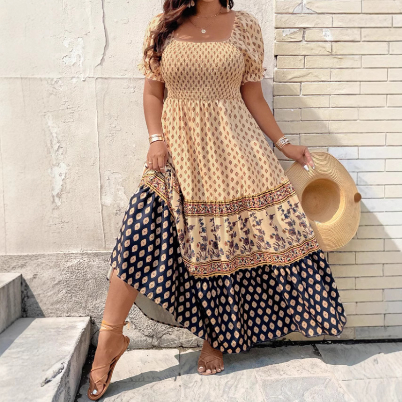 Euroopa ja Ameerika piiriülene Amazoni positsioneerimise trükitud boheemlaslik lühikeste varrukatega Temu pluss-suuruses kleit