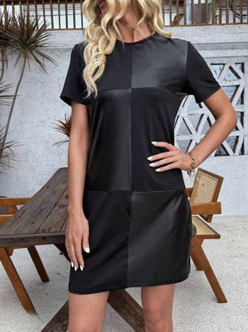 Ευρωπαϊκό και αμερικανικό ανοιξιάτικο και φθινοπωρινό Amazon Elegant Commuter γυναικείο PU δέρμα με ραφή, μακρυμάνικο, στρογγυλό ντεκολτέ και σέξι κοντό φόρεμα μόδας