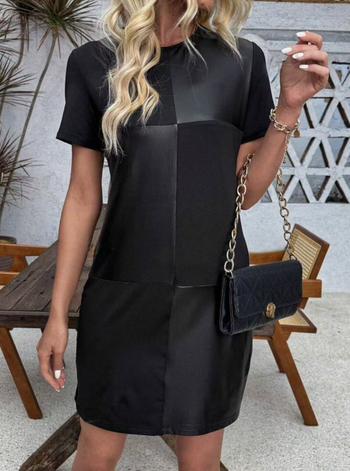 Euroopa ja Ameerika kevad- ja sügiskleit Amazonist, elegantne ja mugav pendeldaja, naiste PU-nahast õmblustega pikkade varrukatega, ümara kaelusega, seksikas lühike moekleit