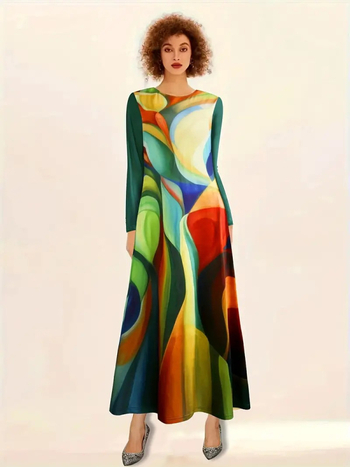 Διασυνοριακό φόρεμα Amazon Ευρώπης και Ηνωμένων Πολιτειών 2024 με ουράνιο τόξο, μέση και μακριά μανίκια, σε αντίθεση χρώματος, μακρύ, νέο ανεξάρτητο σταθμό