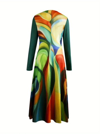 Διασυνοριακό φόρεμα Amazon Ευρώπης και Ηνωμένων Πολιτειών 2024 με ουράνιο τόξο, μέση και μακριά μανίκια, σε αντίθεση χρώματος, μακρύ, νέο ανεξάρτητο σταθμό