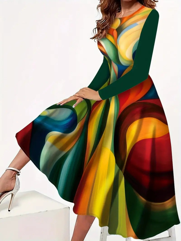 Amazon Euroopa ja Ameerika Ühendriikide piiriülene 2024. aasta sügisene vikerkaarevärvilise vöökohaga pikkade varrukatega kleit, kontrastset värvi, pikk, uus sõltumatu jaama kleit