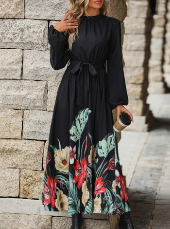 2024 Διασυνοριακή Ευρωπαϊκή και Αμερικανική Νέα Ζώνη Γυναικείων Ρούχων για Εξωτερικό Εμπόριο Amazon, Κομψό Φόρεμα με Μακρυμάνικο Στάμπα και Φανέλα