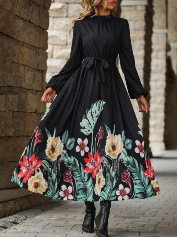 2024-es, határokon átnyúló európai és amerikai új stílusú, Amazon külkereskedelmi női ruházati öv, hosszú ujjú, nyomtatott, trapéz ruha, elegáns