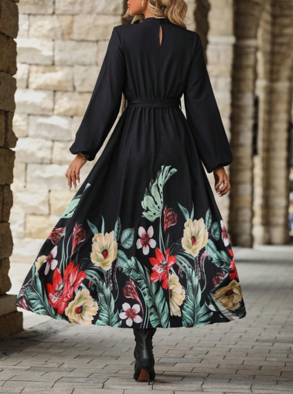 2024-es, határokon átnyúló európai és amerikai új stílusú, Amazon külkereskedelmi női ruházati öv, hosszú ujjú, nyomtatott, trapéz ruha, elegáns