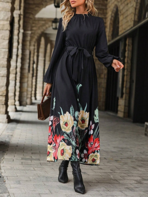 2024-es, határokon átnyúló európai és amerikai új stílusú, Amazon külkereskedelmi női ruházati öv, hosszú ujjú, nyomtatott, trapéz ruha, elegáns