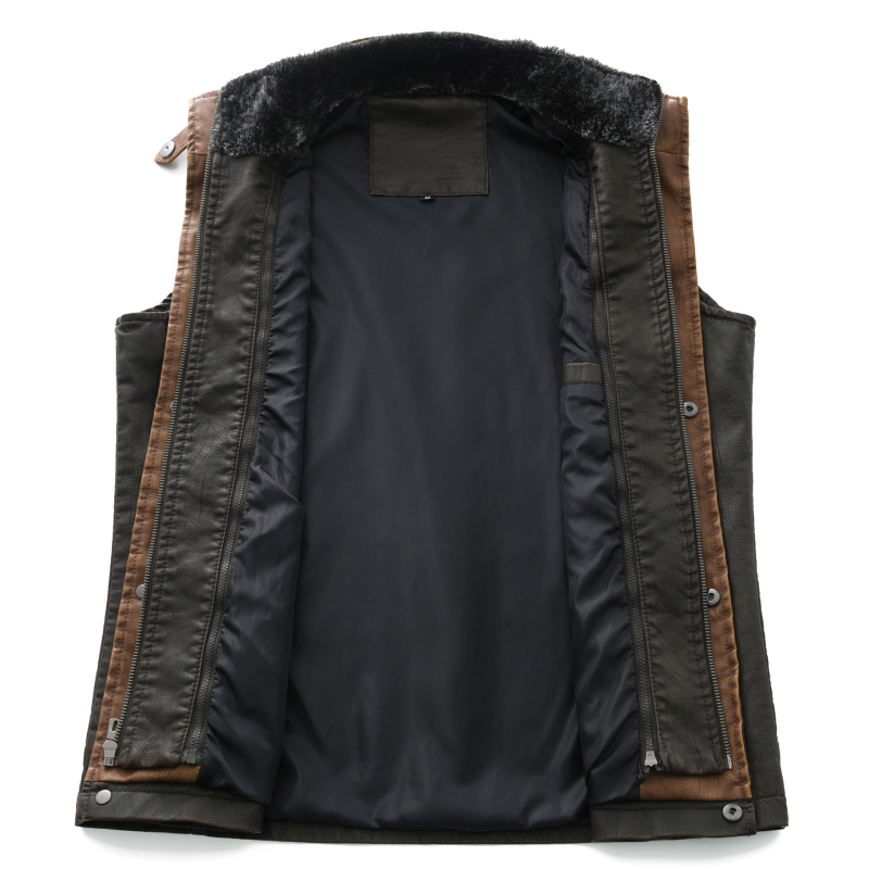 Vyriška PU odinė liemenė jaunimui, laisvalaikio stiliaus, vintažinė odinė liemenė, netikras dviejų dalių paltas, nuimama kailio apykaklė