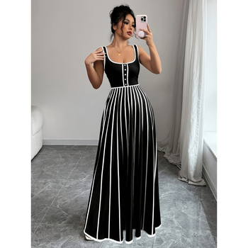 Σε απόθεμα Εξωτερικό Εμπόριο Amazon Ανεξάρτητος Ιστότοπος Διασυνοριακό Ευρωπαϊκό και Αμερικανικό Καλοκαιρινό Μοντέρνο Κομψό Ριγέ Τετράγωνο Λαιμόκοψη Αμάνικο Casual Φόρεμα