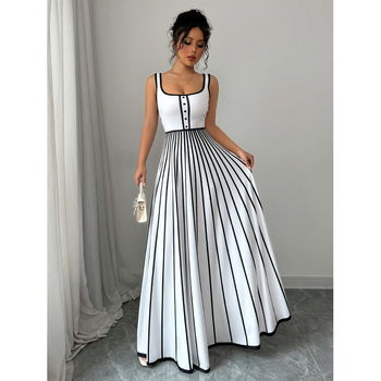 Σε απόθεμα Εξωτερικό Εμπόριο Amazon Ανεξάρτητος Ιστότοπος Διασυνοριακό Ευρωπαϊκό και Αμερικανικό Καλοκαιρινό Μοντέρνο Κομψό Ριγέ Τετράγωνο Λαιμόκοψη Αμάνικο Casual Φόρεμα