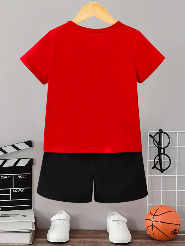 Fiú öltöny, divatos, sport, mintás, lezser, pulóver, rövid ujjú, rövidnadrág, pulóver, fiú szabadtéri póló