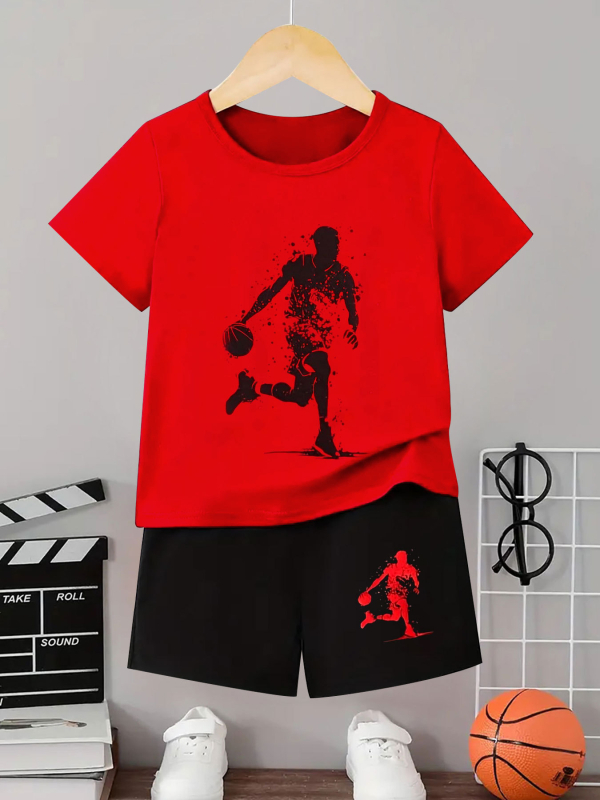 Fiú öltöny, divatos, sport, mintás, lezser, pulóver, rövid ujjú, rövidnadrág, pulóver, fiú szabadtéri póló