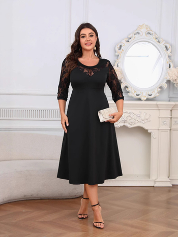 Ebay Aliexpress 2024 Nova plus veličina ženska haljina s tri četvrtine rukava s čipkom, prava fotografija