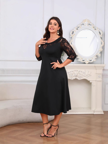 Ebay Aliexpress 2024 Nova plus veličina ženska haljina s tri četvrtine rukava s čipkom, prava fotografija