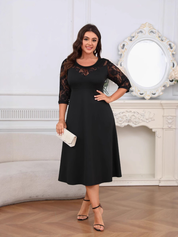 Ebay Aliexpress 2024 Nova plus veličina ženska haljina s tri četvrtine rukava s čipkom, prava fotografija