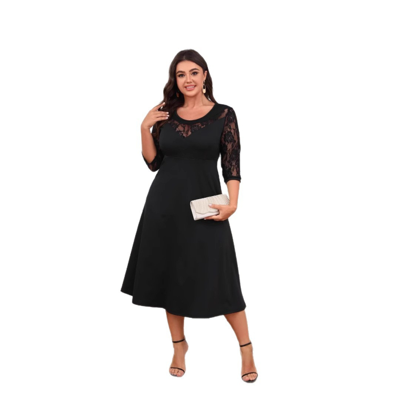 Ebay Aliexpress 2024 Nova plus veličina ženska haljina s tri četvrtine rukava s čipkom, prava fotografija