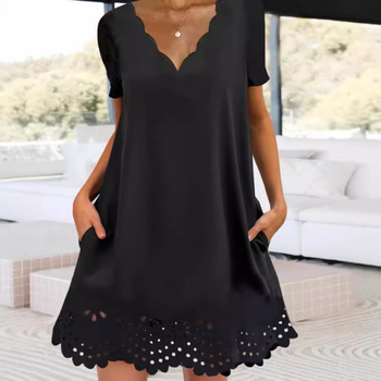 On01256 2024 Ősz és Tavasz Új, Határokon Átnyúló Női Divatos, Tiszta Színű, V-nyakú, Rövid Ujjú, Alsó Kivágású Ruha