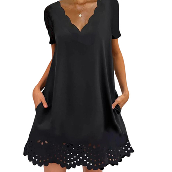 On01256 2024 Ősz és Tavasz Új, Határokon Átnyúló Női Divatos, Tiszta Színű, V-nyakú, Rövid Ujjú, Alsó Kivágású Ruha