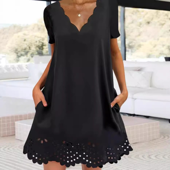 On01256 2024 Ősz és Tavasz Új, Határokon Átnyúló Női Divatos, Tiszta Színű, V-nyakú, Rövid Ujjú, Alsó Kivágású Ruha