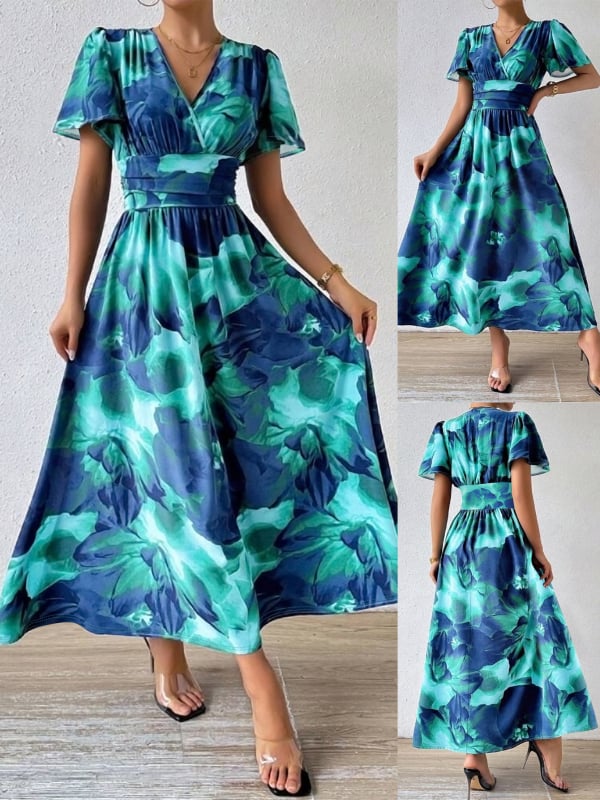 Határokon átnyúló Amazon európai és amerikai divatos elegáns V-nyakú batikolt mintás nagyméretű hosszú ruha