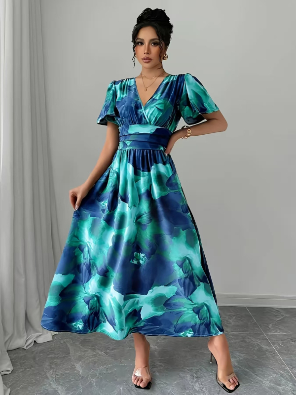 Határokon átnyúló Amazon európai és amerikai divatos elegáns V-nyakú batikolt mintás nagyméretű hosszú ruha