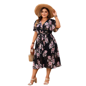 Ebay Amazon Wish V-kaelusega kleit suvi 2024 uus lehvivate varrukatega vöökohaga lilleline kleit