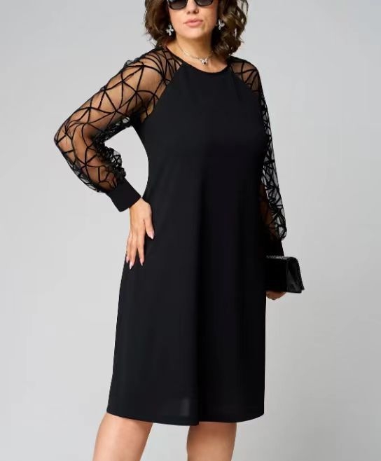 Európai és amerikai 2025 új női csipkevarrásos kerek nyakú hosszú ujjú elegáns lezser plus size ruha női ruházat