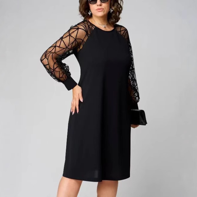 Európai és amerikai 2025 új női csipkevarrásos kerek nyakú hosszú ujjú elegáns lezser plus size ruha női ruházat