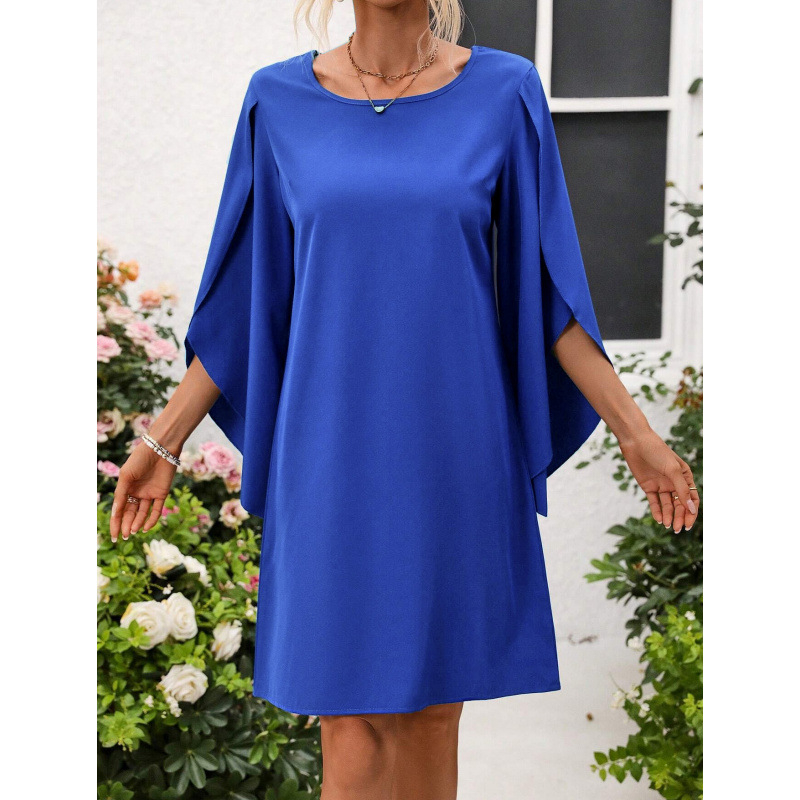 Amazoni piiriülese väliskaubanduse naiste rõivadisaini ümara kaelusega ühevärvilised kroonlehtedega varrukad Euroopa ja Ameerika moekleit