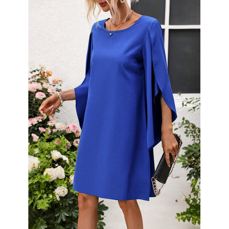 Amazoni piiriülese väliskaubanduse naiste rõivadisaini ümara kaelusega ühevärvilised kroonlehtedega varrukad Euroopa ja Ameerika moekleit