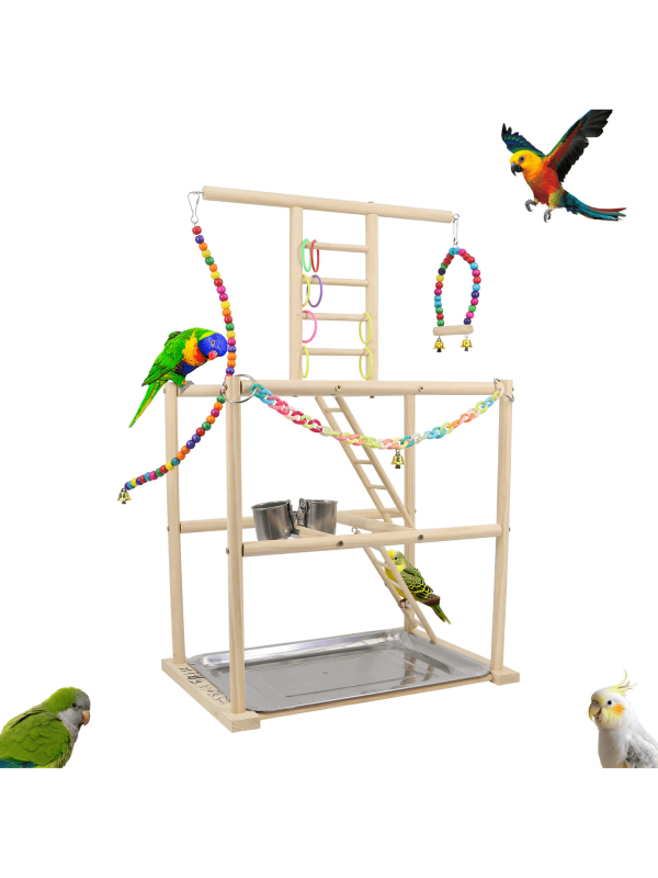 Papagáj polc, padló, tömörfa asztali edzőállomás, állványos állomás, rúddal ellátott játszótér, nagy, közepes, kis madárállomás, állványos hinta