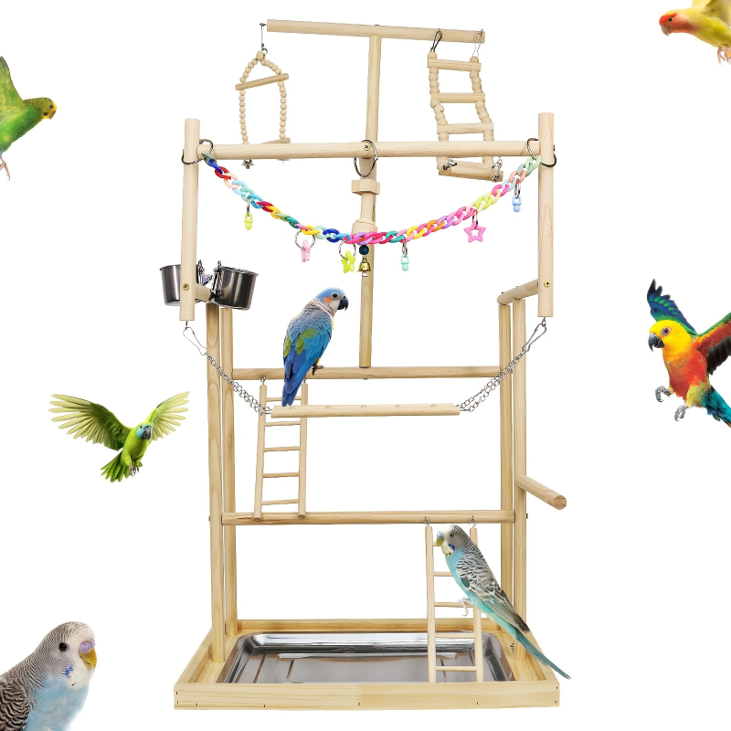 Papagáj polc, padló, tömörfa asztali edzőállomás, állványos állomás, rúddal ellátott játszótér, nagy, közepes, kis madárállomás, állványos hinta