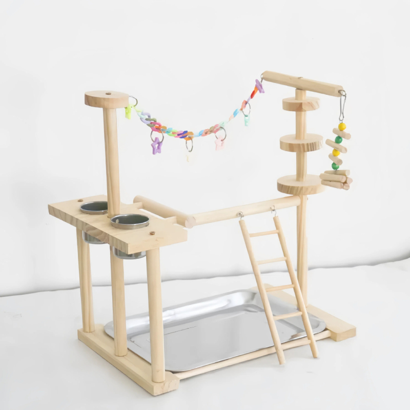 Papagáj polc, padló, tömörfa asztali edzőállomás, állványos állomás, rúddal ellátott játszótér, nagy, közepes, kis madárállomás, állványos hinta