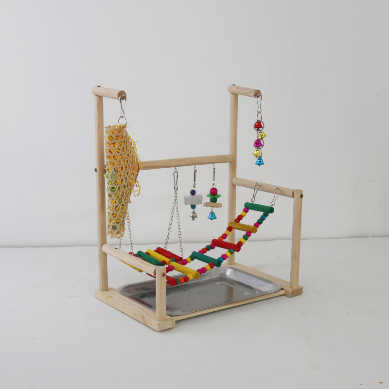 Papagáj polc, padló, tömörfa asztali edzőállomás, állványos állomás, rúddal ellátott játszótér, nagy, közepes, kis madárállomás, állványos hinta