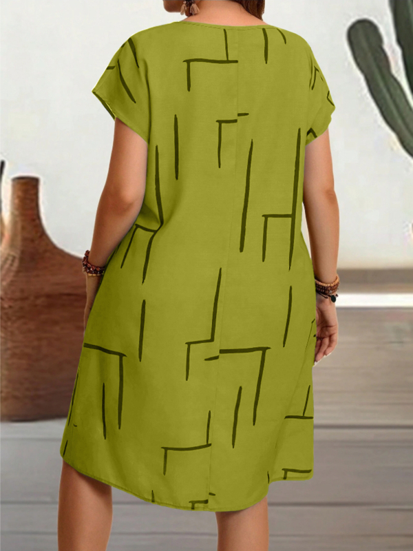 Proljetna i ljetna plus size ženska modna haljina s printom za 2025., nova europska i američka ženska haljina s okruglim izrezom i kratkim rukavima, do sredine suknje za žene
