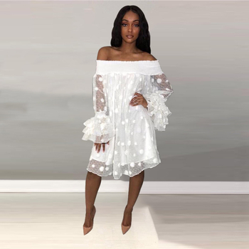 Õlgadeta kahekihiline puidust kõrvadega kleit, lootoselehe varrukatega, suurte täppidega, läbipaistev võrkkangast Amazon kleit