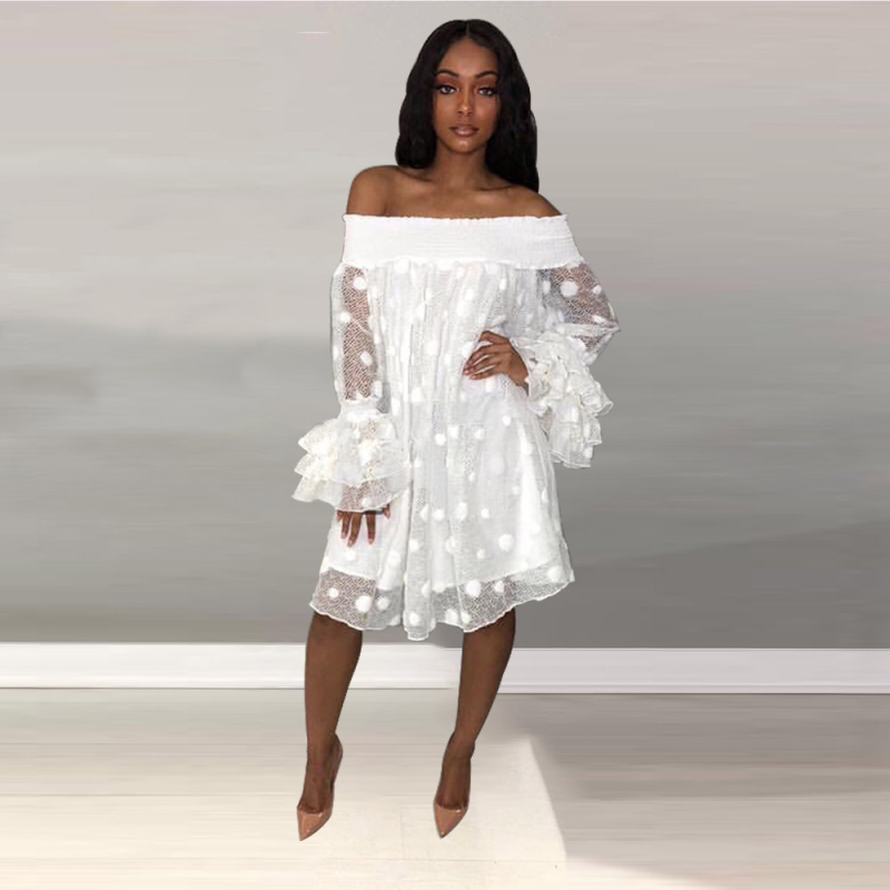 Õlgadeta kahekihiline puidust kõrvadega kleit, lootoselehe varrukatega, suurte täppidega, läbipaistev võrkkangast Amazon kleit