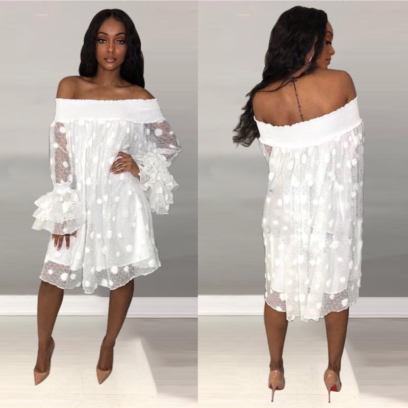 Õlgadeta kahekihiline puidust kõrvadega kleit, lootoselehe varrukatega, suurte täppidega, läbipaistev võrkkangast Amazon kleit