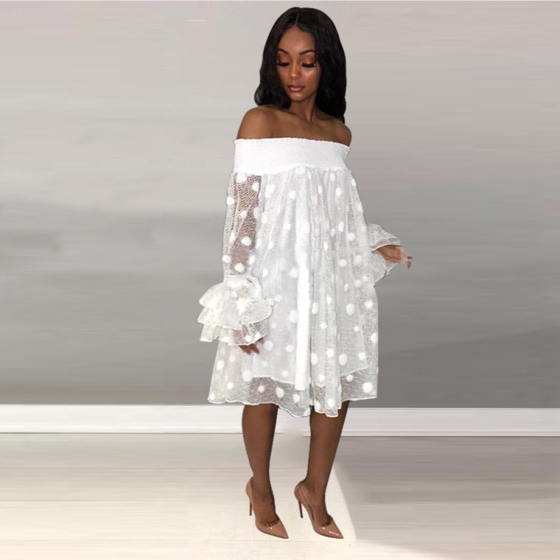 Õlgadeta kahekihiline puidust kõrvadega kleit, lootoselehe varrukatega, suurte täppidega, läbipaistev võrkkangast Amazon kleit