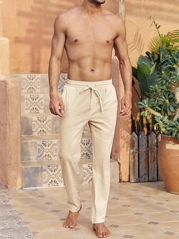 Euroopa ja Ameerika piiriülesed uued puuvillast ja linasest vabaajapüksid, kevad- ja sügisesed ühevärvilised mitmekülgsed sirge säärega püksid, meeste pingutusnööriga pikad püksid, Euroopa ja Ameerika stiil