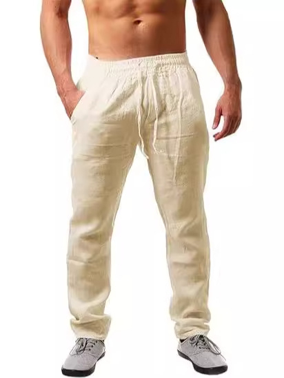 Euroopa ja Ameerika piiriülesed uued puuvillast ja linasest vabaajapüksid, kevad- ja sügisesed ühevärvilised mitmekülgsed sirge säärega püksid, meeste pingutusnööriga pikad püksid, Euroopa ja Ameerika stiil