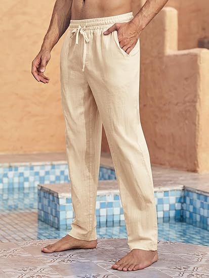 Euroopa ja Ameerika piiriülesed uued puuvillast ja linasest vabaajapüksid, kevad- ja sügisesed ühevärvilised mitmekülgsed sirge säärega püksid, meeste pingutusnööriga pikad püksid, Euroopa ja Ameerika stiil